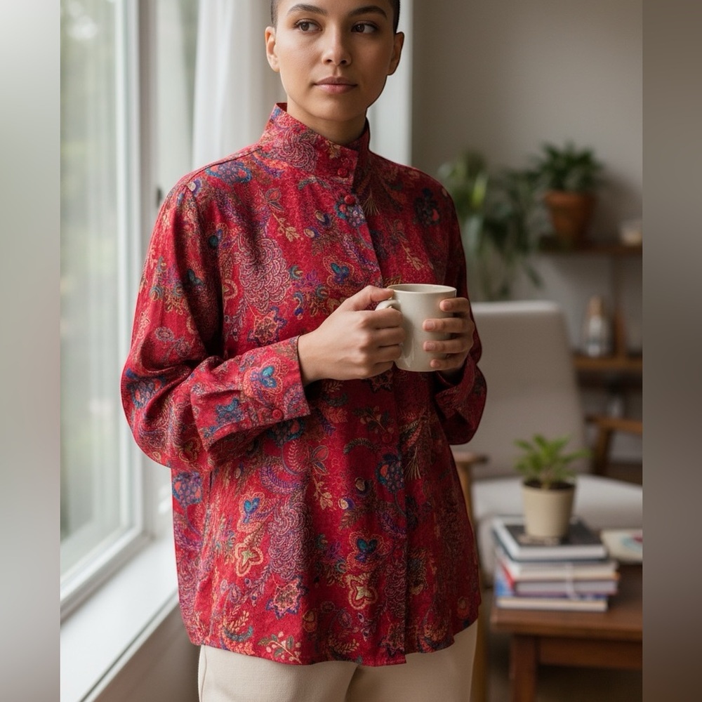 80s ANNE KLEIN SILK RED FLORAL PAISLEY MANDARIN COLLAR BUTTON-UP BLOUSE SZ 14